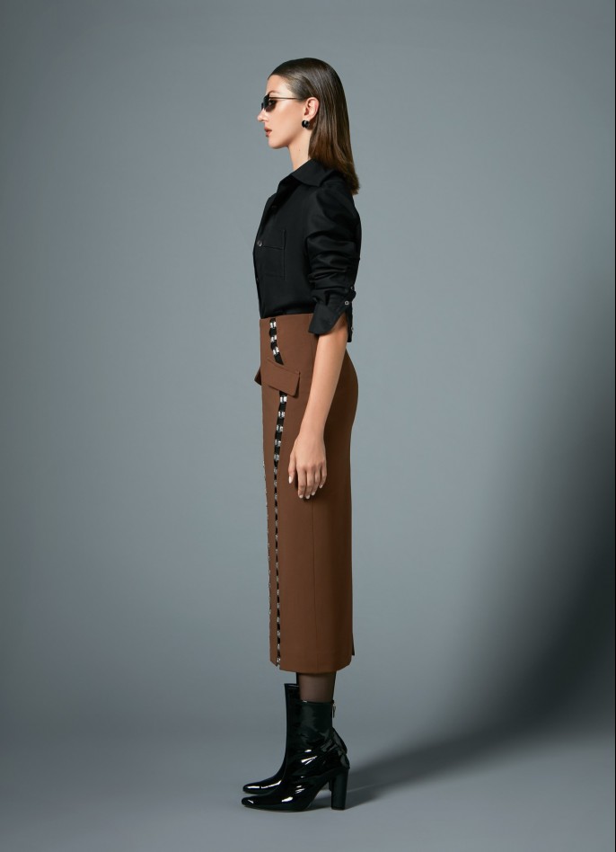 BROWN CREPE BLEND CUT-OUT PENCIL SKIRT